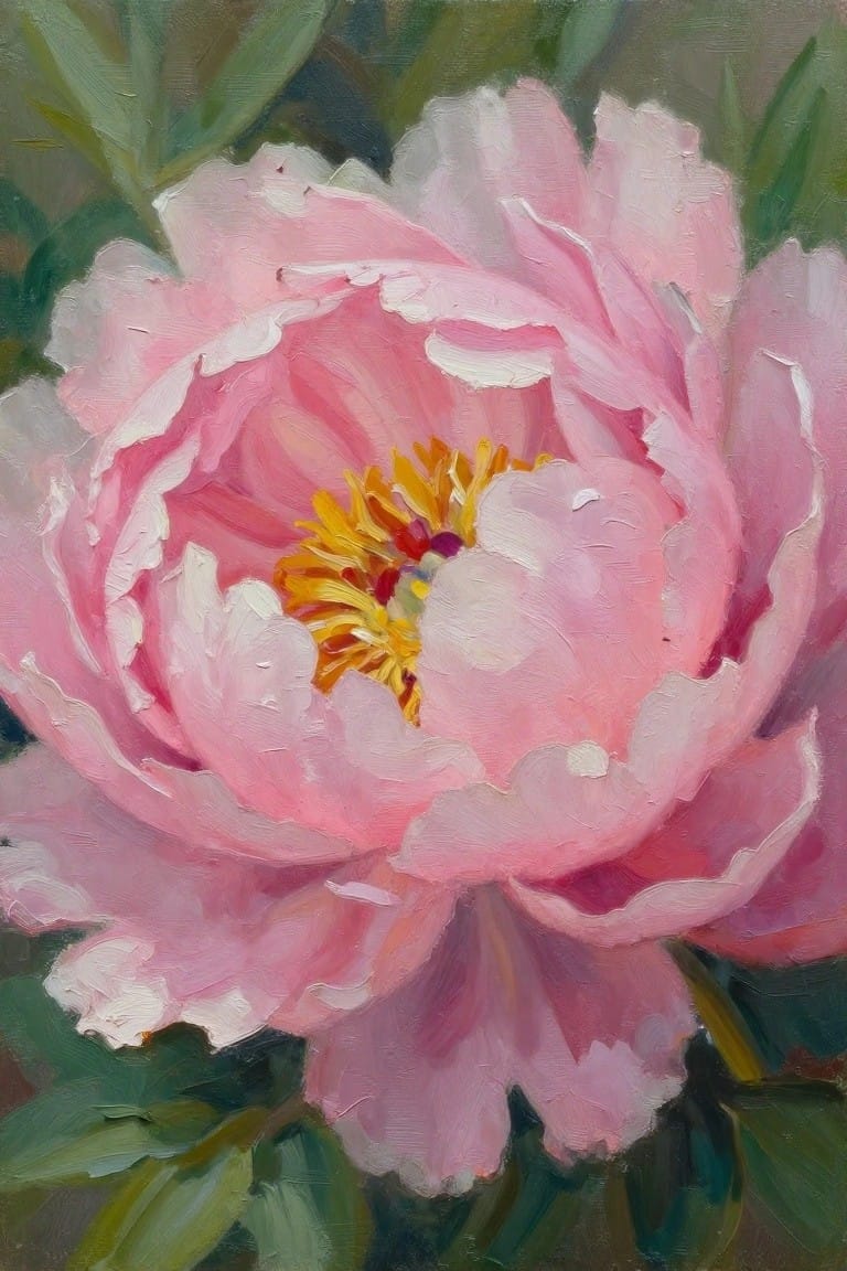 Close-up of blooming pink peony with yellow stamens amid green leaves, oil painting style