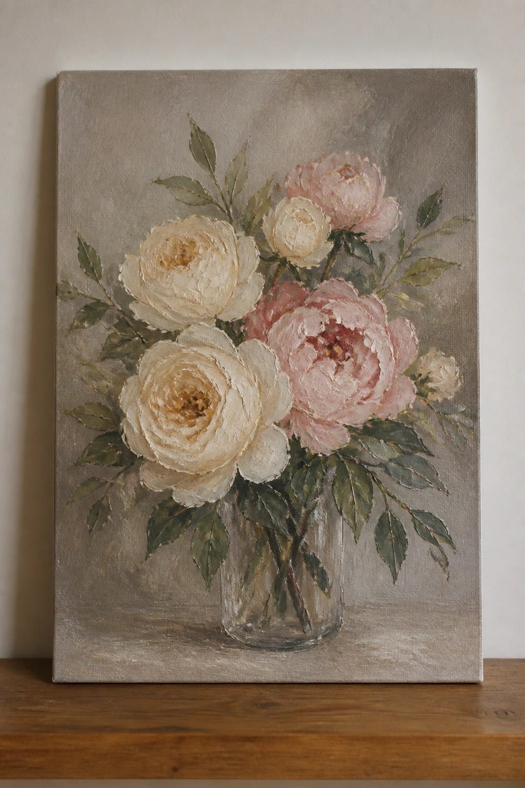 Oil painting of white and pink peonies in a glass vase on wood