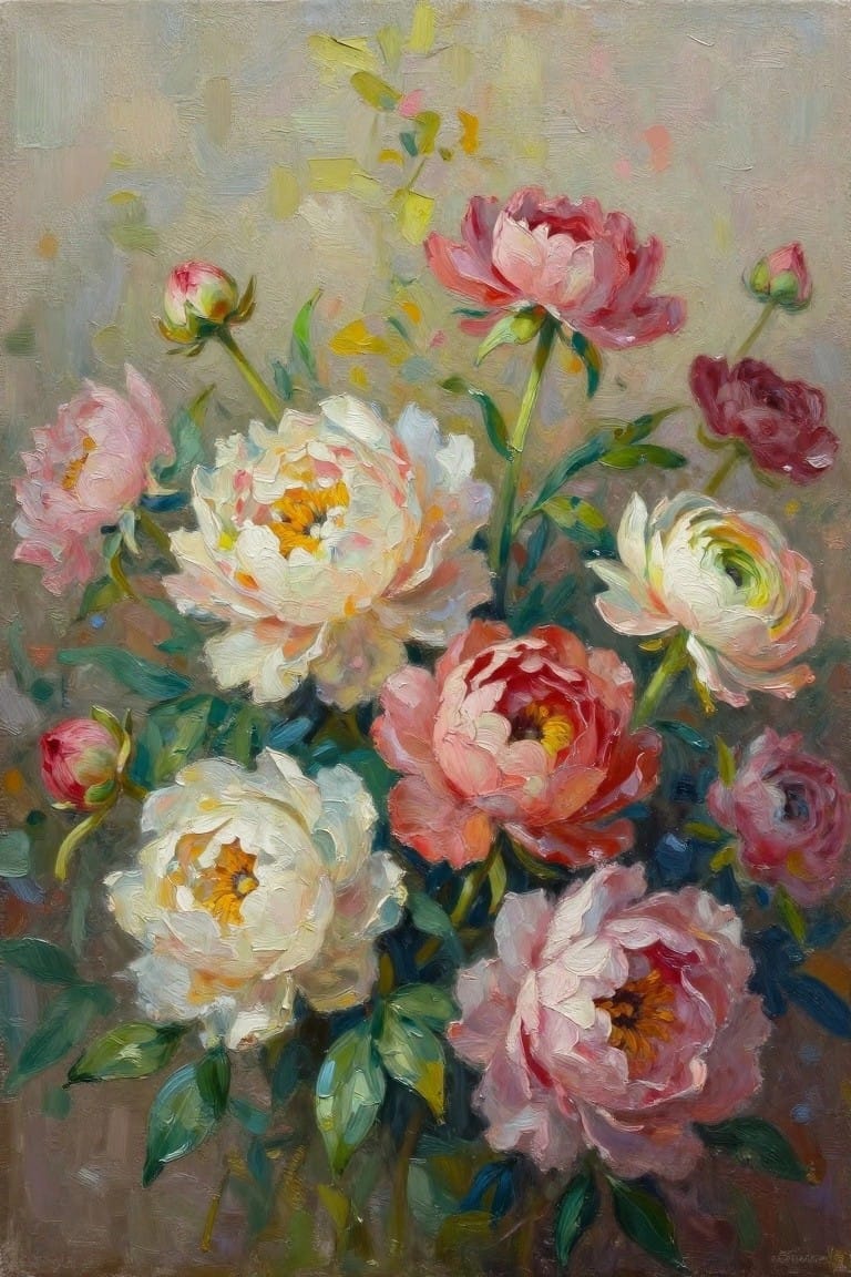 An oil painting of a bouquet of peonies in white, pink, and red tones with green leaves against a muted background.
