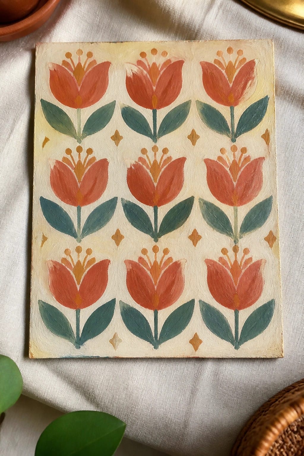 Hand-painted canvas with red tulips, green leaves, and gold diamonds on cream background