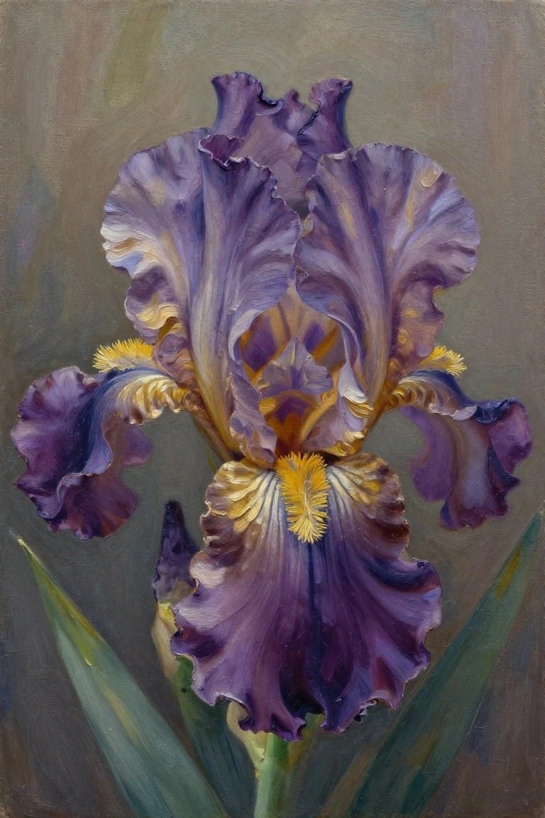 Purple iris with ruffled petals, yellow accents, and green leaves in oil painting