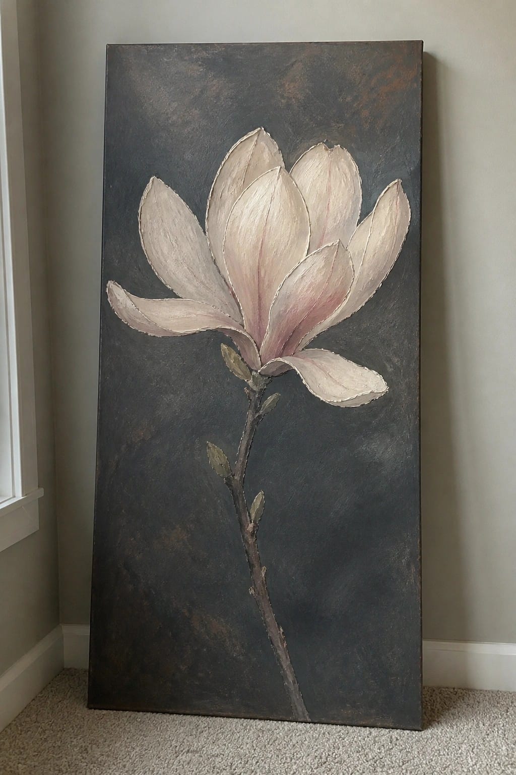 Large vertical painting of pale pink magnolia on dark textured background