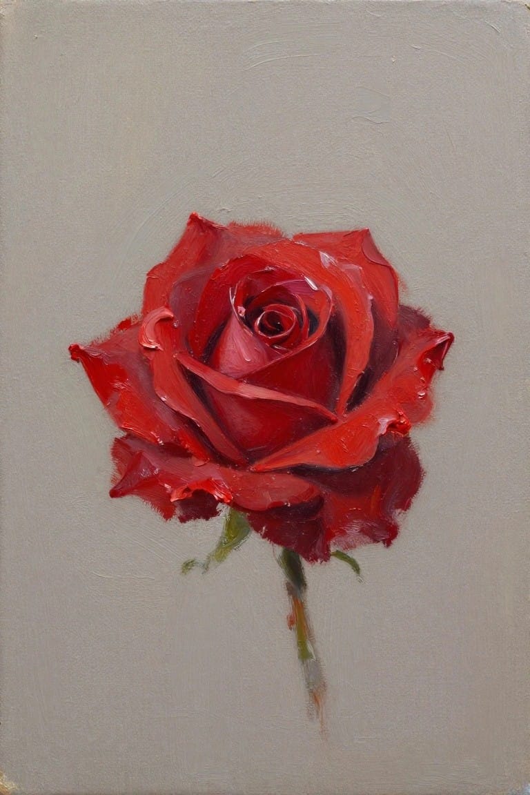 Oil painting of a blooming red rose with green stem on gray background