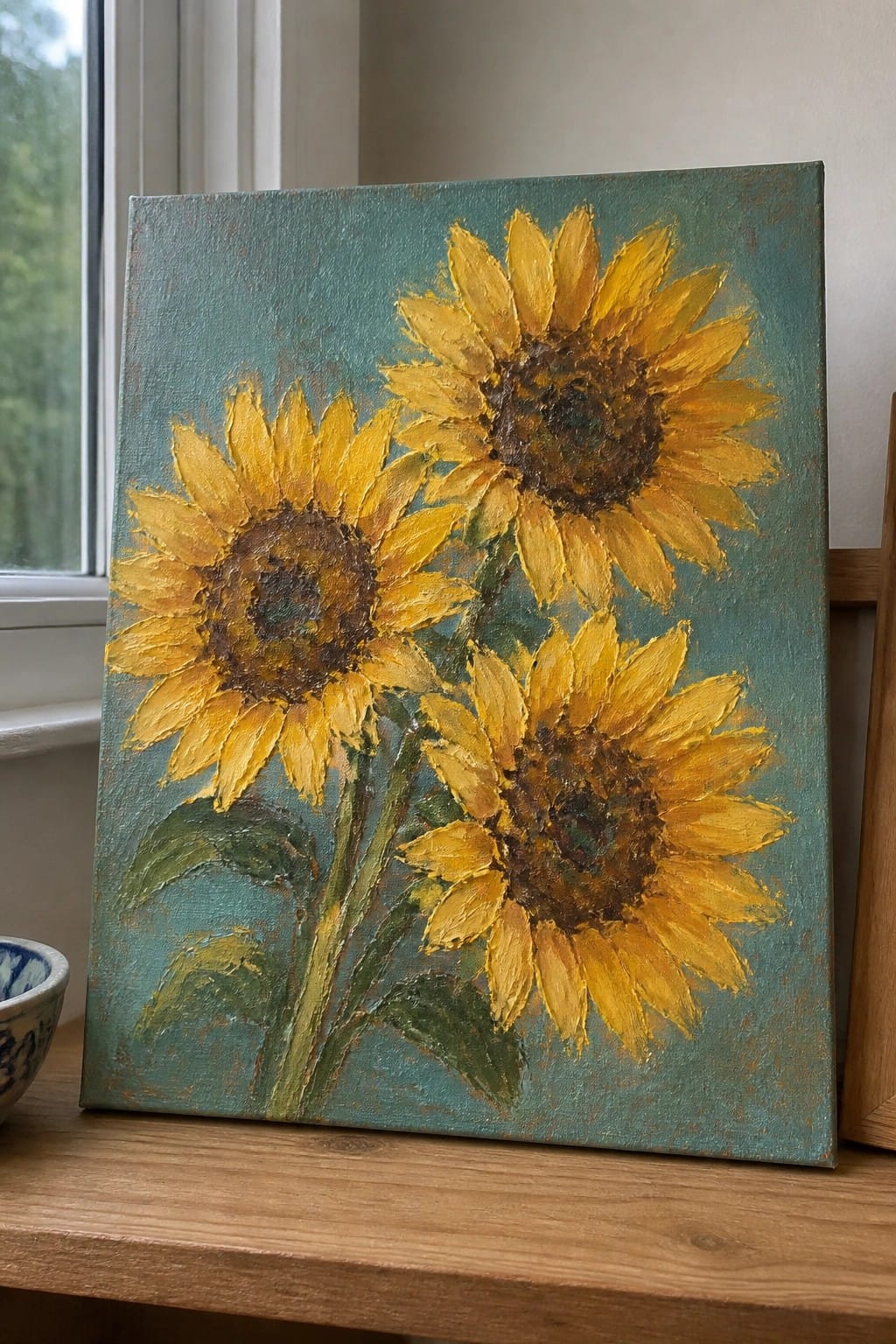 Three sunflowers in yellow and brown on a teal oil-painted canvas.