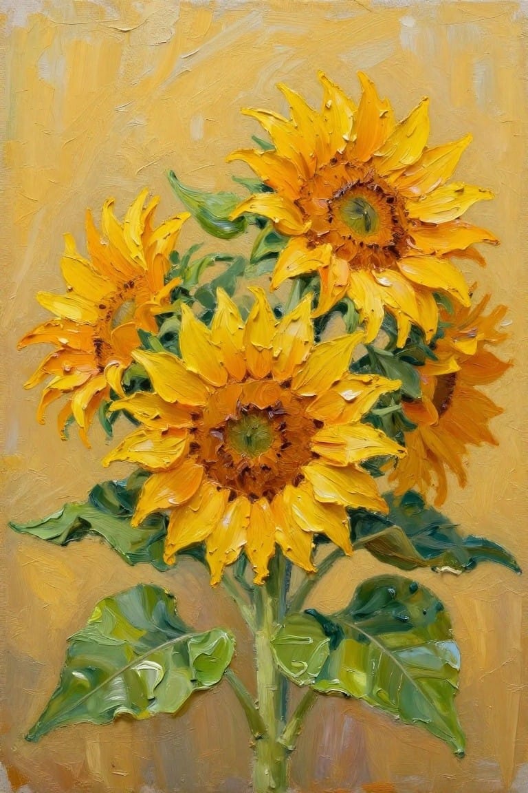 An oil painting of several yellow sunflowers with green leaves on a textured golden background.