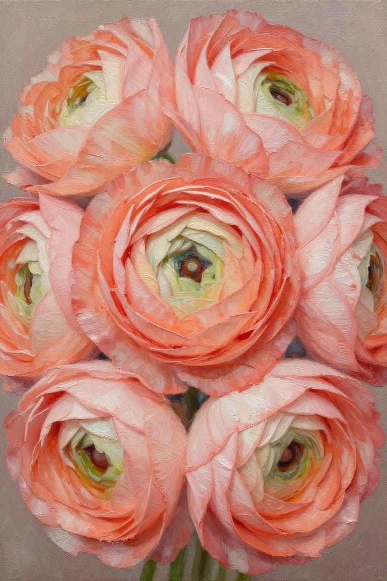 Close-up oil painting of coral ranunculus blooms with layered swirling petals.