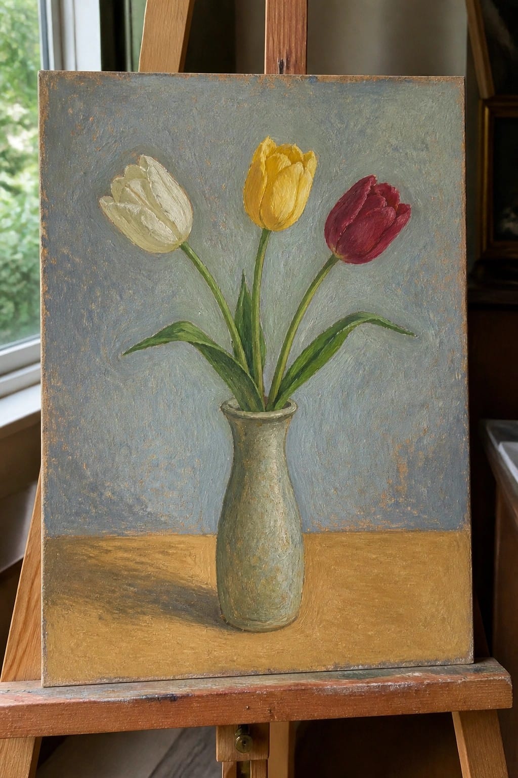 Oil painting of white, yellow, and red tulips in a vase on wooden easel.