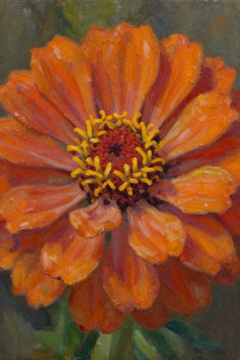 Vivid orange flower with yellow stamens, thick textured oil brushstrokes on dark background.