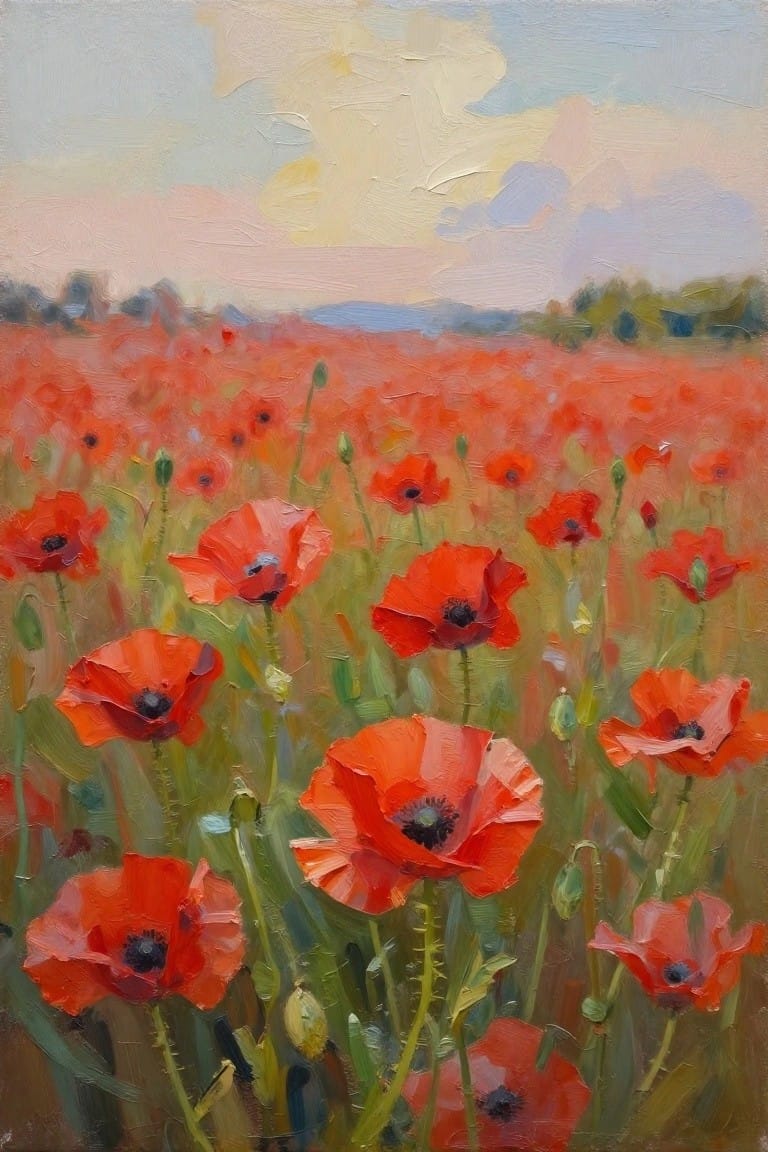 Vibrant red poppies blooming across a vast field in oil painting style