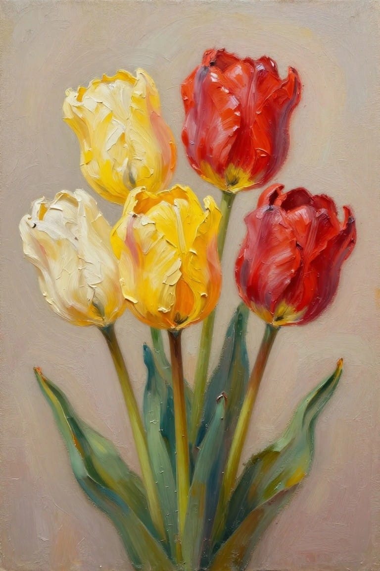Oil painting of red, yellow, and white tulips with green stems and leaves.