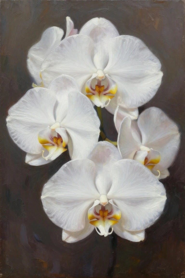White orchids with yellow-pink centers clustered on dark brown background