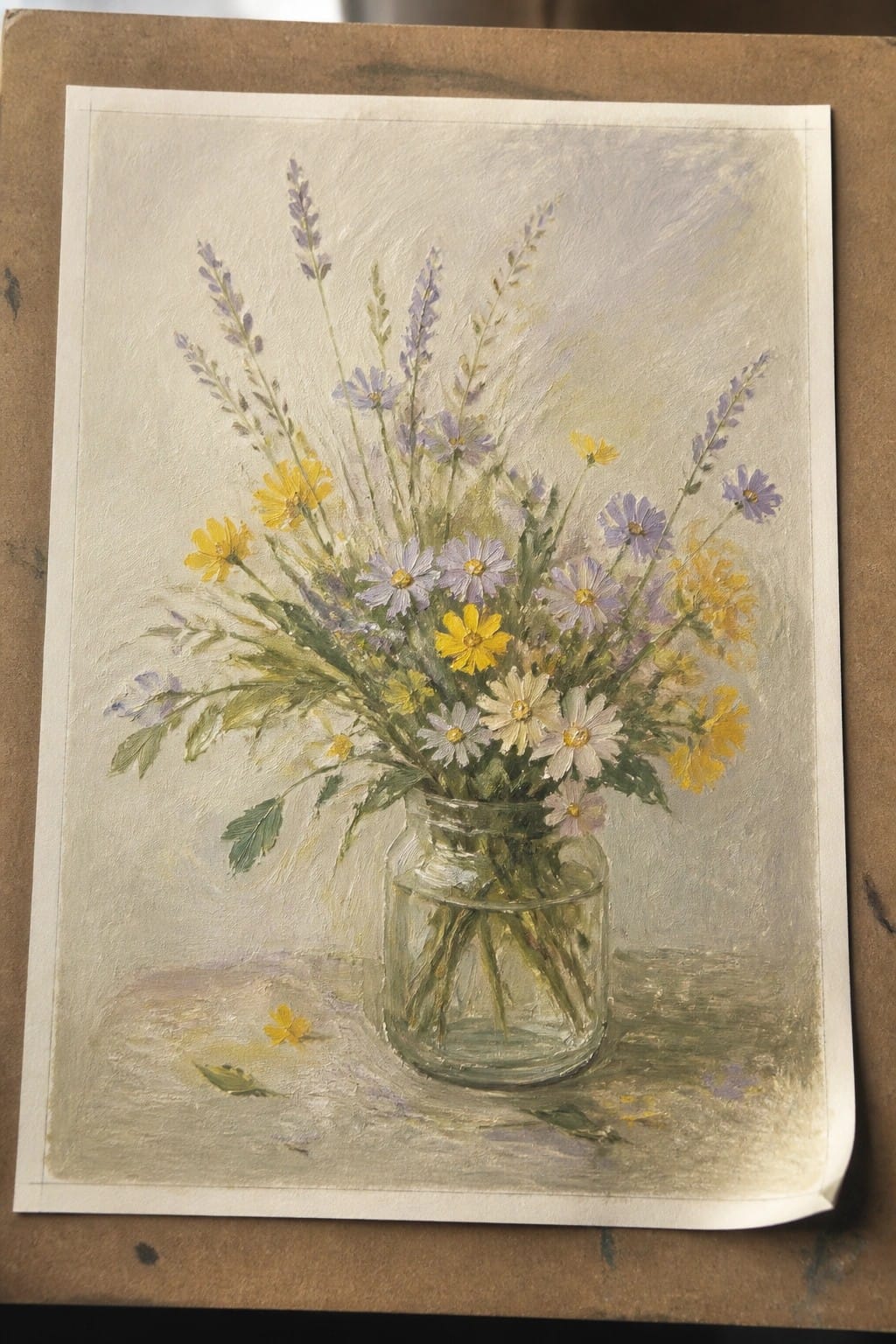 An oil painting depicts a bouquet of yellow, white, and purple flowers in a clear glass jar filled with water.