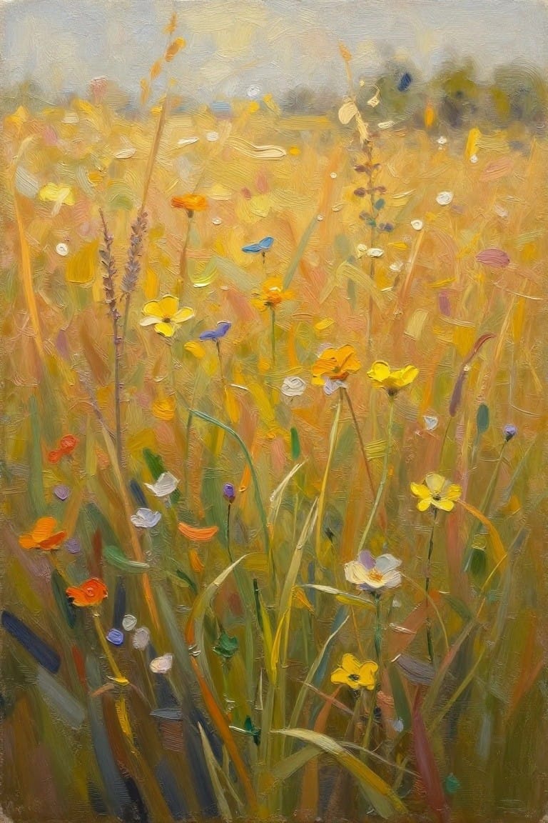 Impressionistic painting of colorful wildflowers blooming amid tall grasses in a meadow