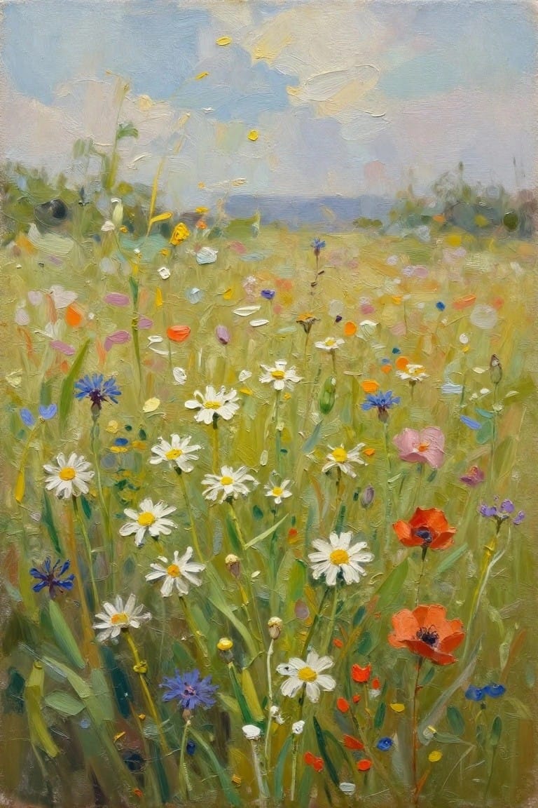 Impressionistic meadow painting with white daisies, red poppies, and blue wildflowers.