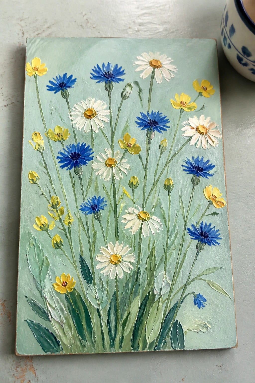 Colorful wildflower painting with blue, white, and yellow blooms on light green background beside mug.