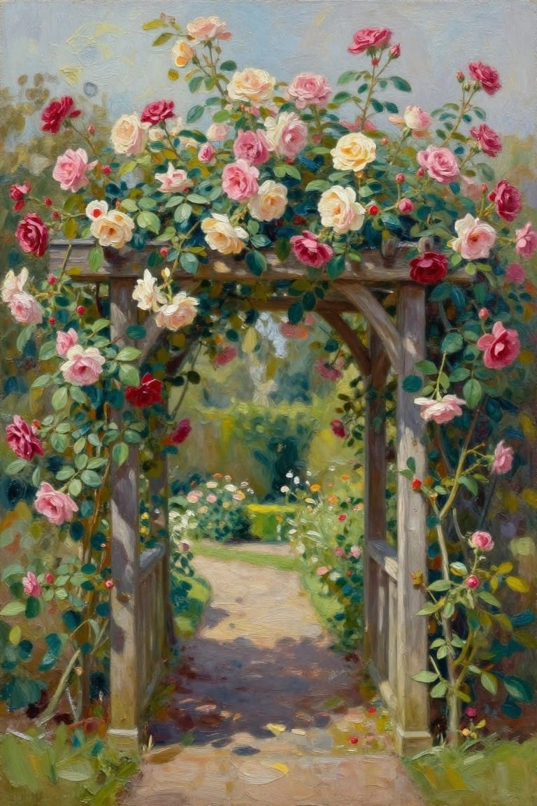 Wooden archway draped in blooming pink, red, and white roses over a garden path