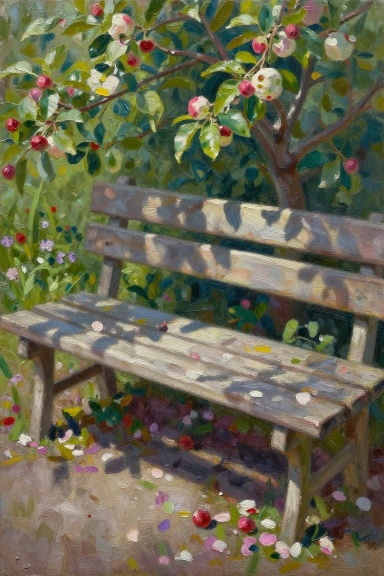 Wooden bench under apple tree with red fruit and scattered colorful petals