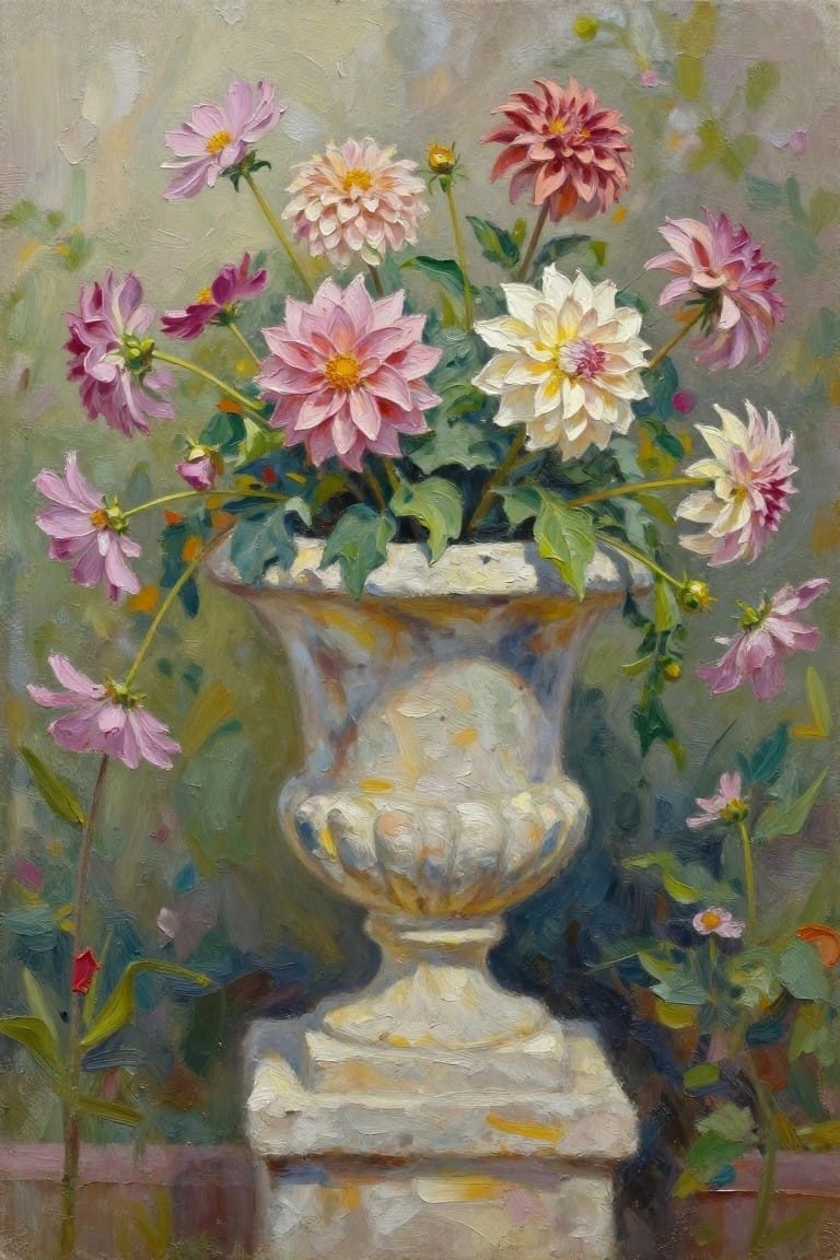 Pink and white dahlias in an ornate stone urn on a pedestal