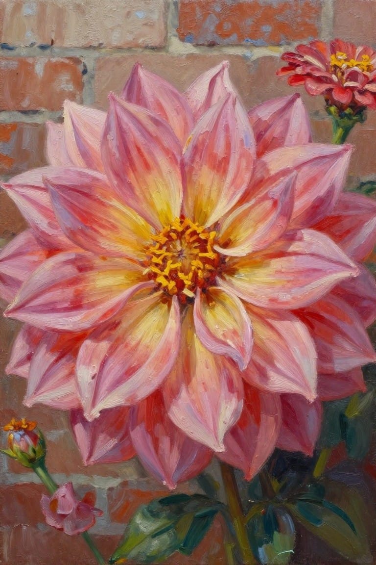Large pink-yellow dahlia blooming before brick wall, oil painting with visible brushstrokes