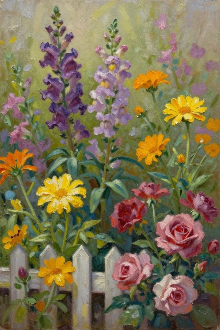 Lush garden with purple snapdragons, yellow daisies, and pink roses by white fence.