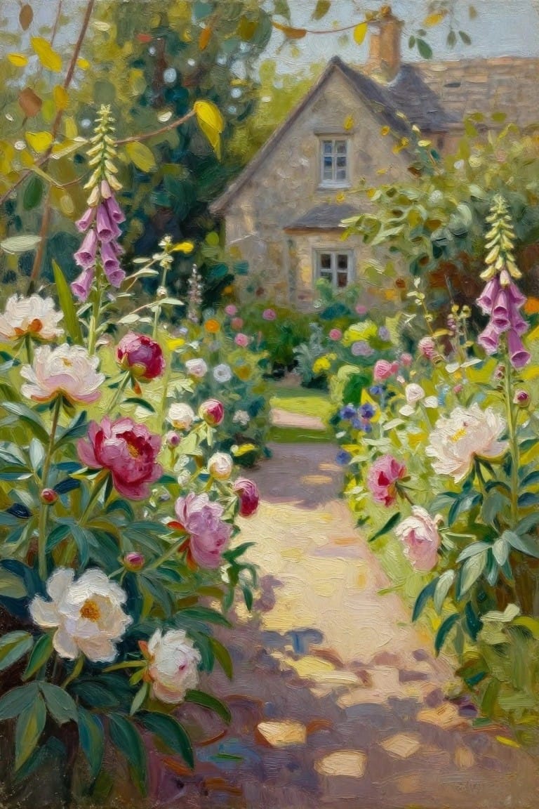 Lush garden path with pink peonies and foxgloves to stone cottage