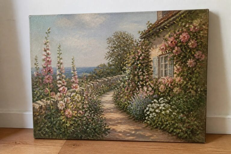 21 Stunning Garden Oil Painting Ideas for Classic Floral Landscapes Oil painting of pink hollyhocks lining a path to a rose-covered stone cottage.