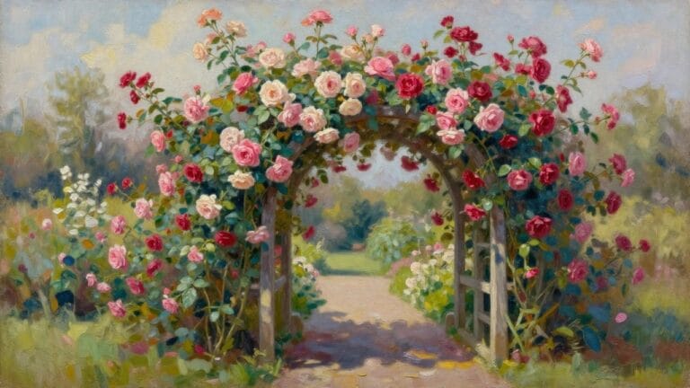 Wooden archway draped in blooming pink, red, and white roses over a garden path