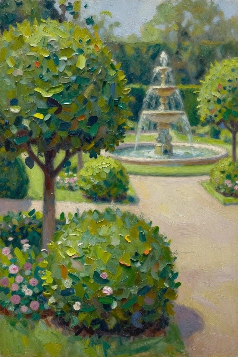 Impressionist painting of a garden fountain amid lush green trees and pink flowers.
