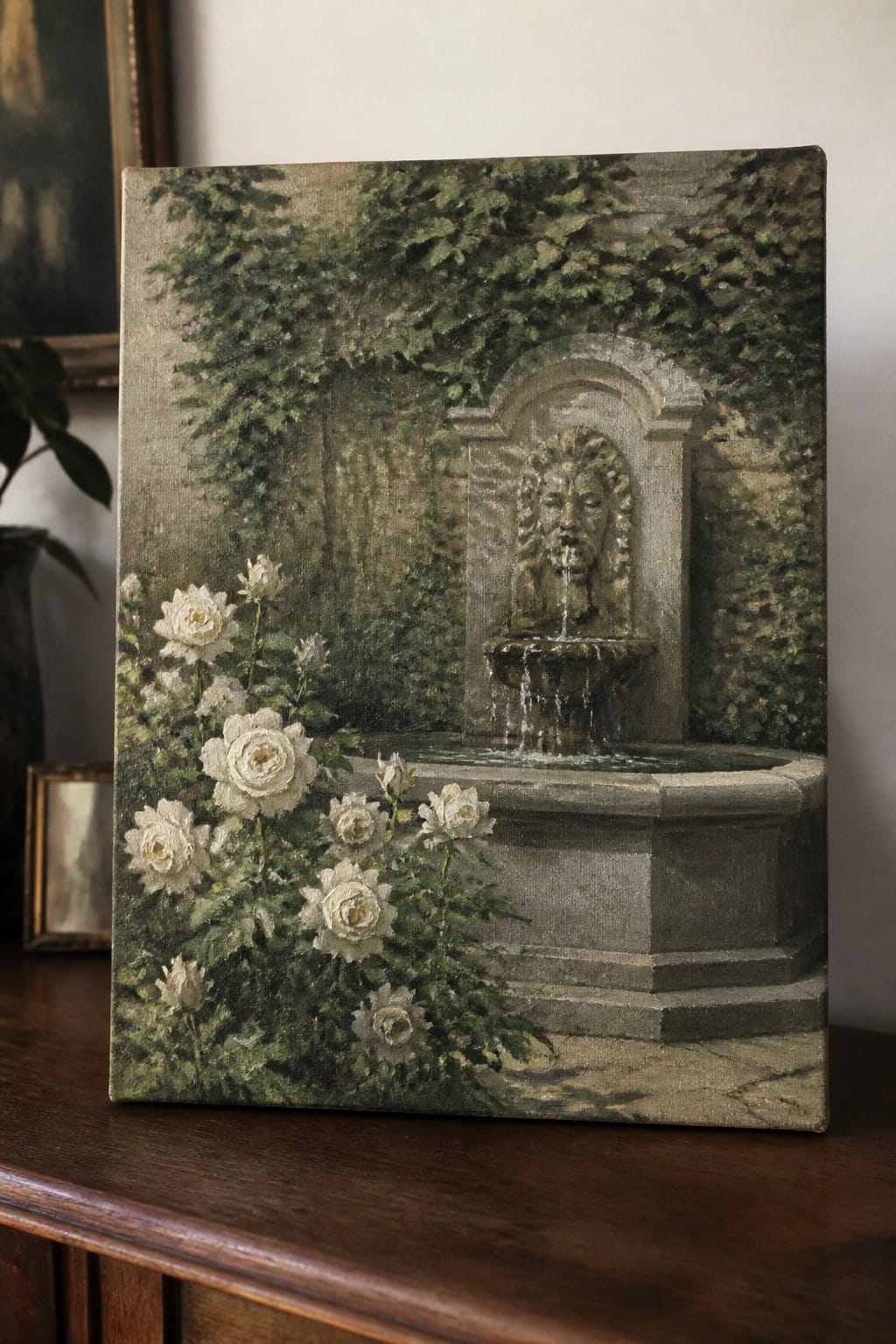 Oil painting of stone lion fountain with cascading water and blooming white roses.