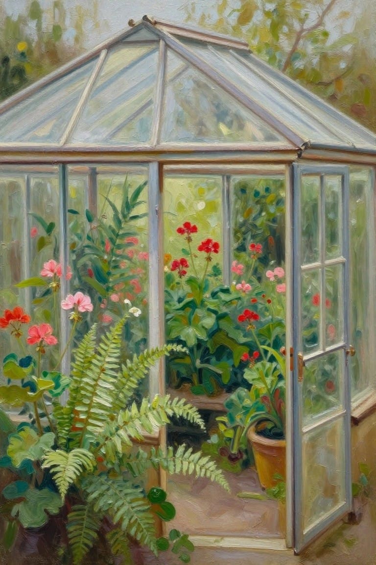Glass greenhouse with open door, red geraniums, ferns, and lush plants