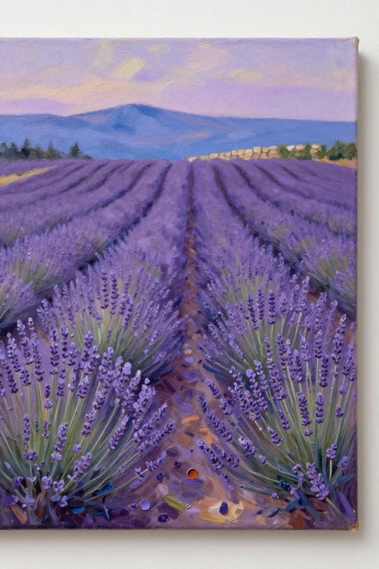 Oil painting of purple lavender rows along path to blue mountains at dusk.