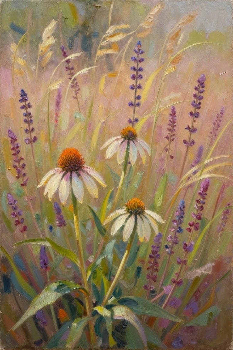 Impressionistic painting of white coneflowers with orange centers amid purple blooms and grasses.