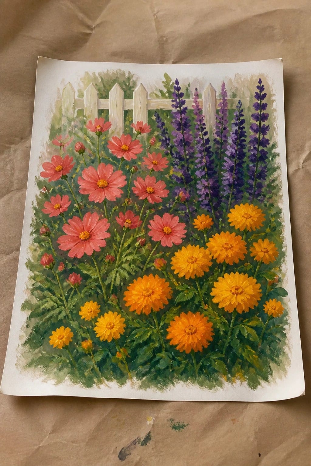 Vibrant watercolor of pink, orange, and purple flowers before a white picket fence.