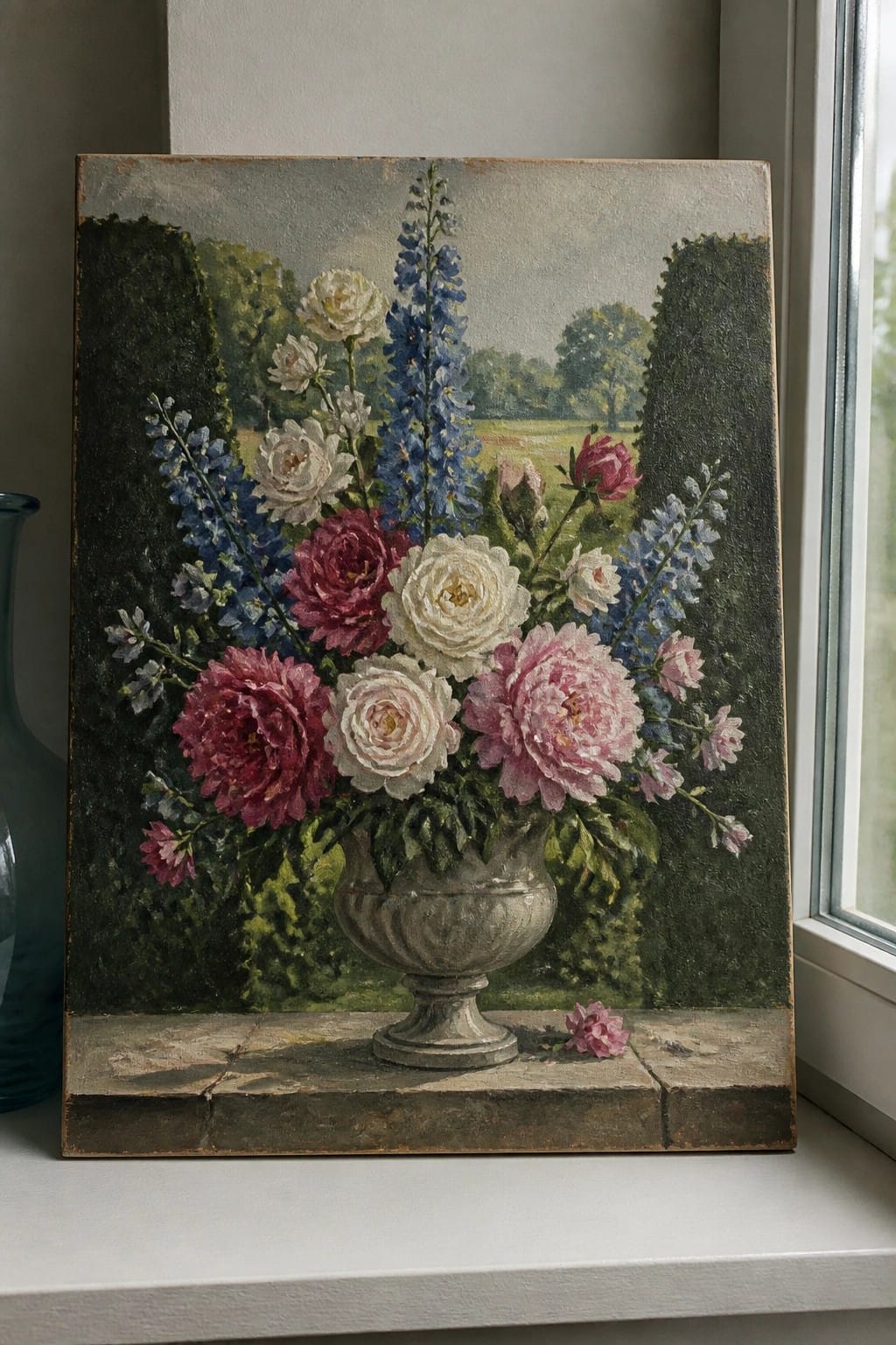 Painting of pink peonies, white roses and blue delphiniums in gray urn on ledge