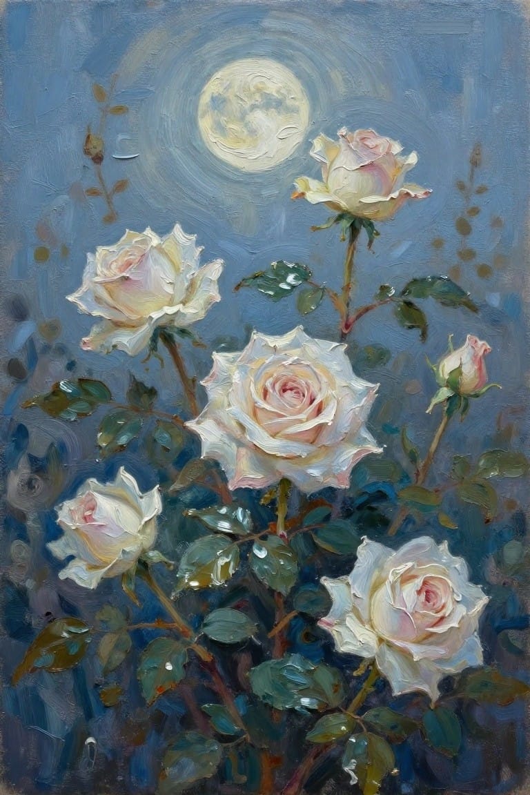 An oil painting of white roses with green leaves against a blue night sky featuring a full moon.