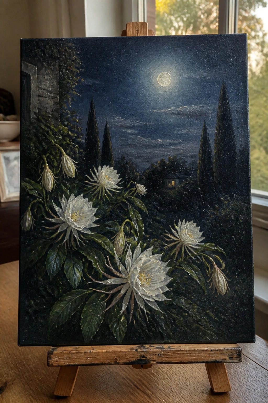 White flowers bloom under full moon with cypress trees and distant cottage