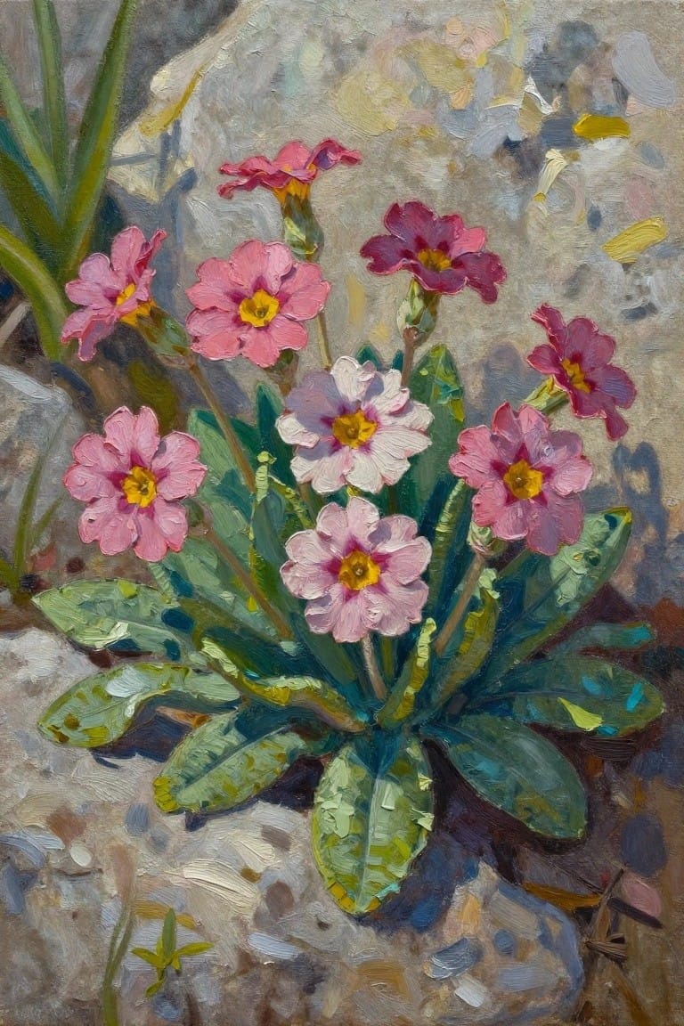 Pink and white primroses with yellow centers amid green leaves on rocks.