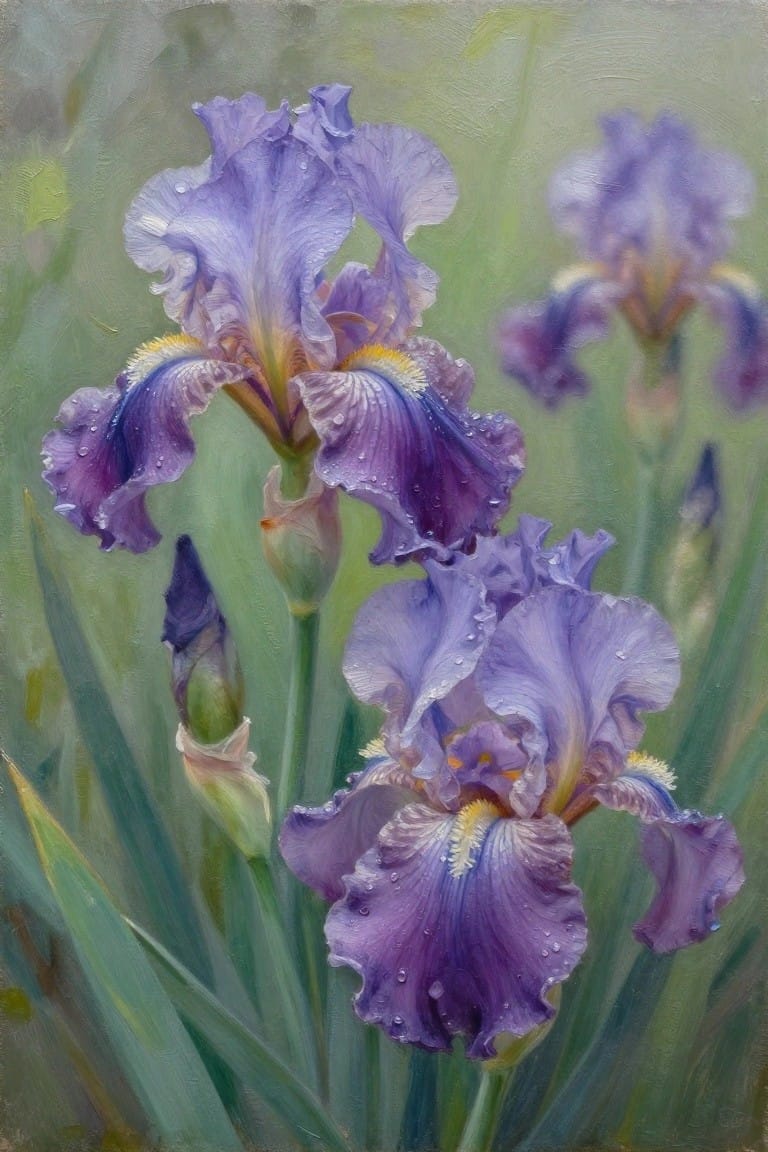 An oil painting of purple iris flowers with dew drops on the petals, green stems, and buds against a soft blurred green background.