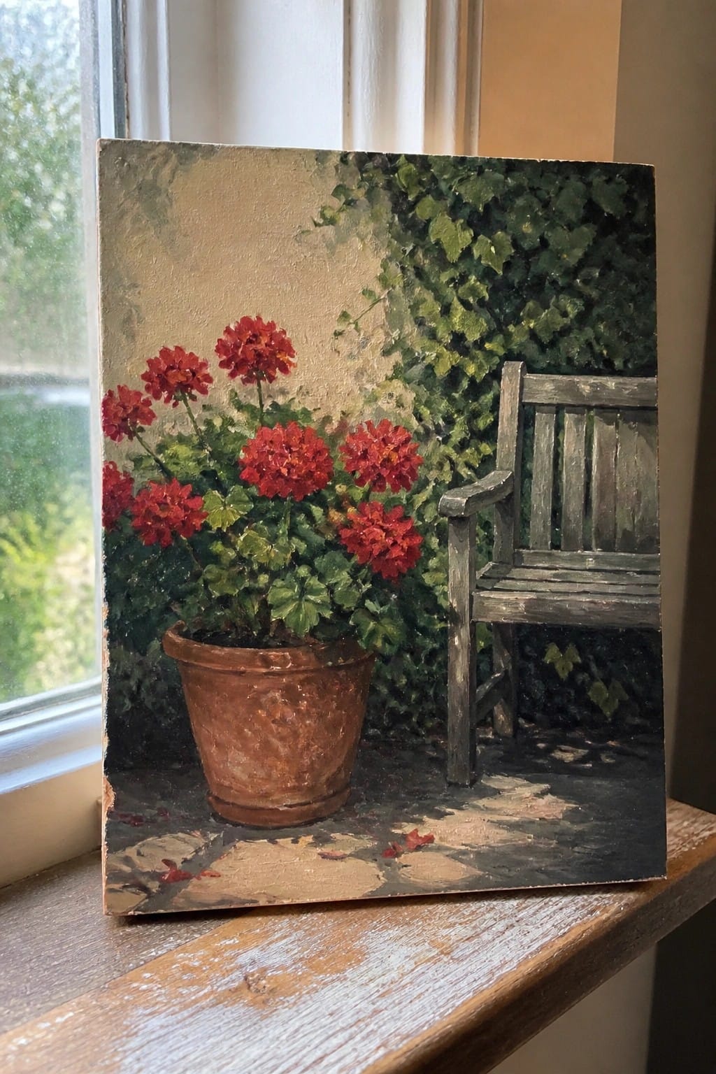Painting of red geraniums in a clay pot beside a wooden chair with ivy