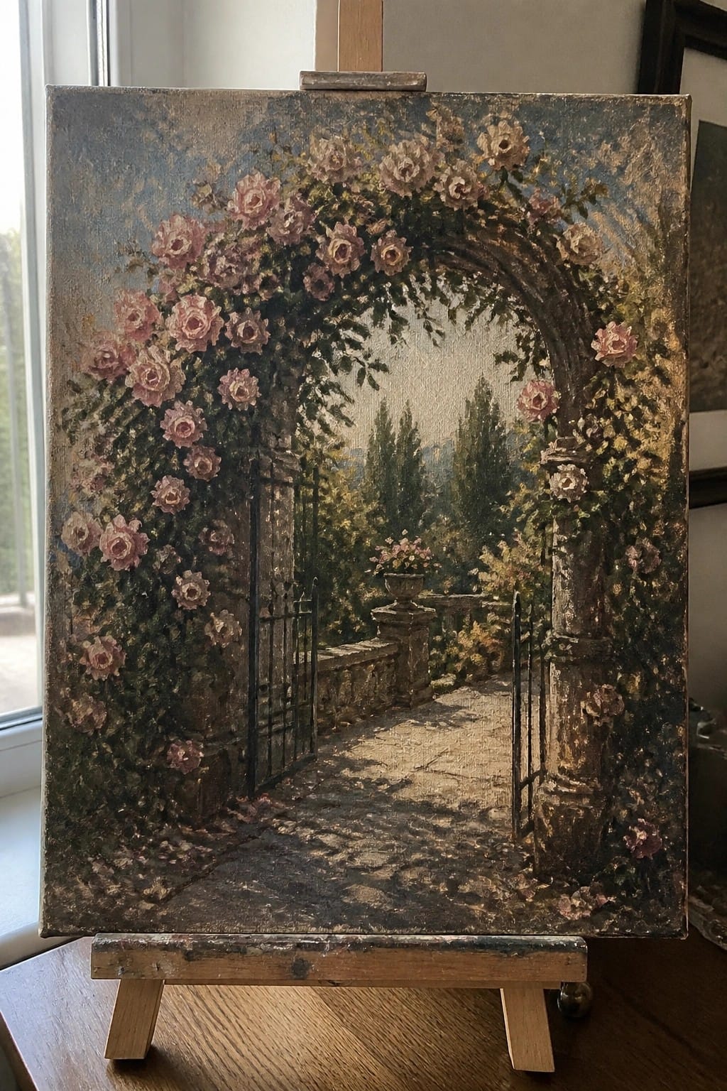 Oil painting on easel of pink roses arching over stone garden path and gate