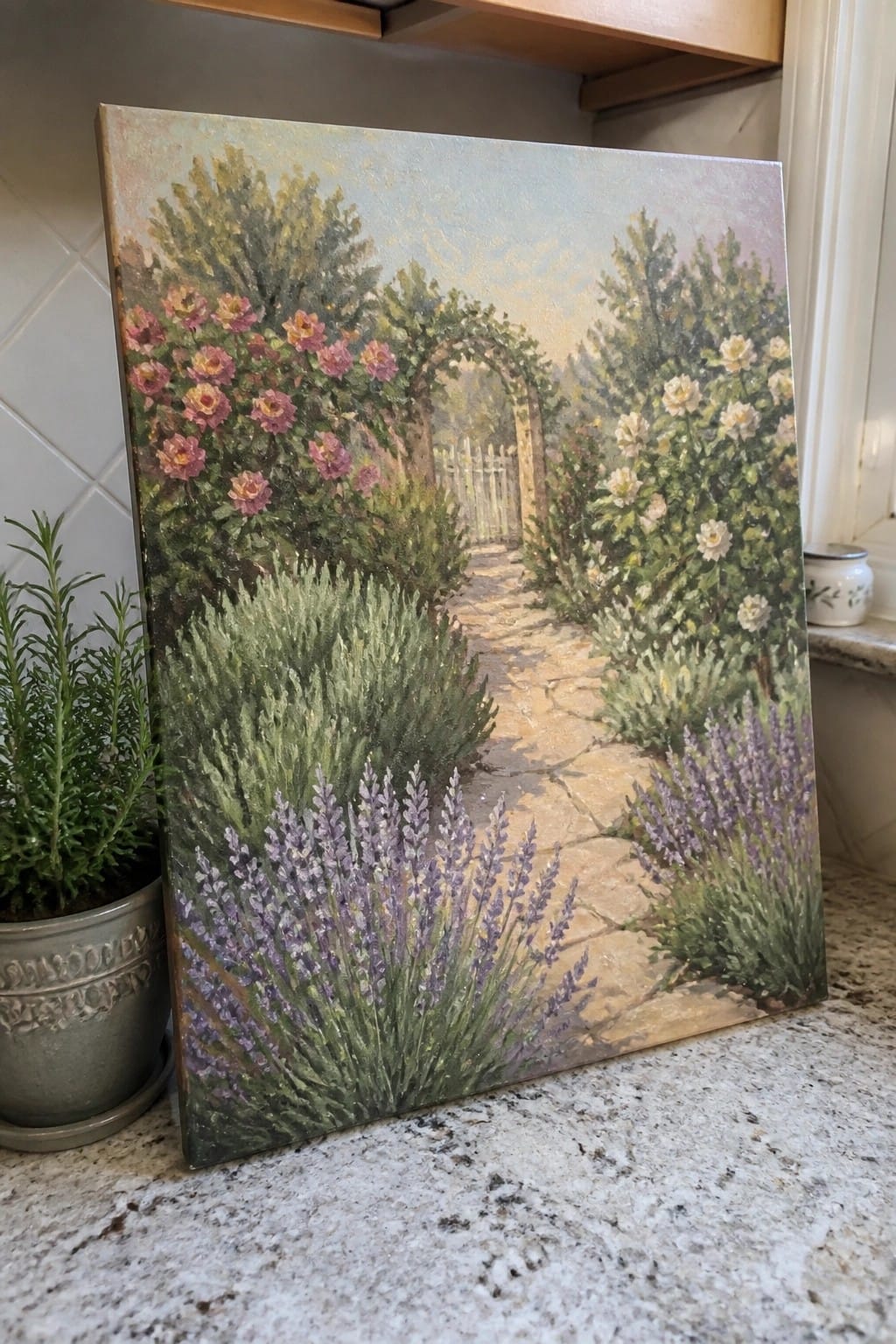 Painting of a garden path with pink roses, white flowers, and purple lavender bushes