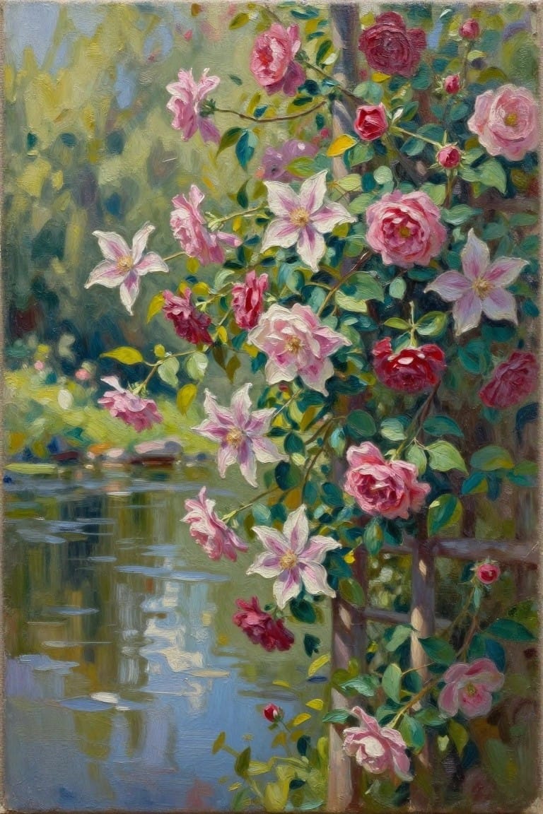 Pink roses and clematis climbing wooden trellis beside reflective garden pond