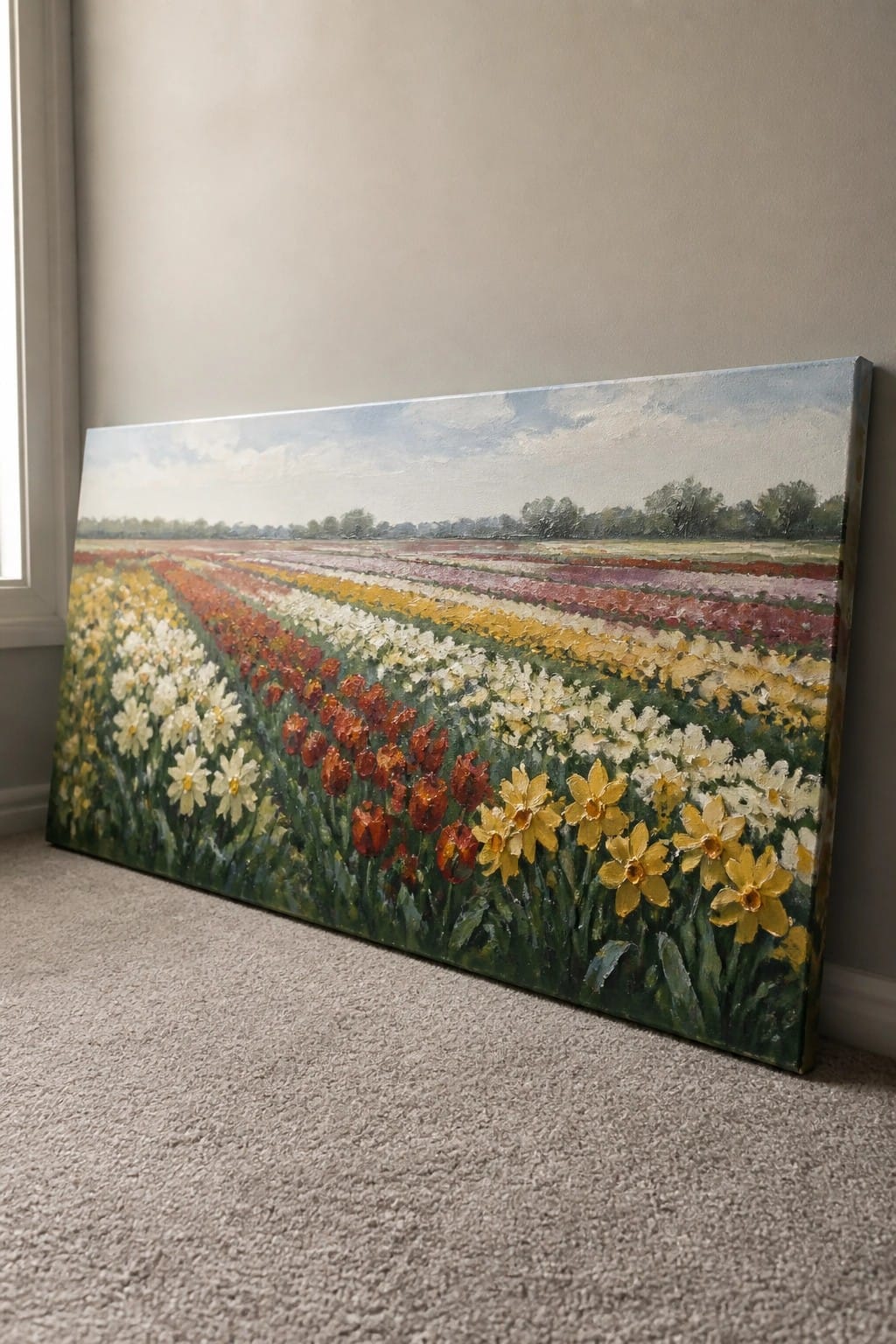 Large colorful flower field painting leaning against wall on carpet