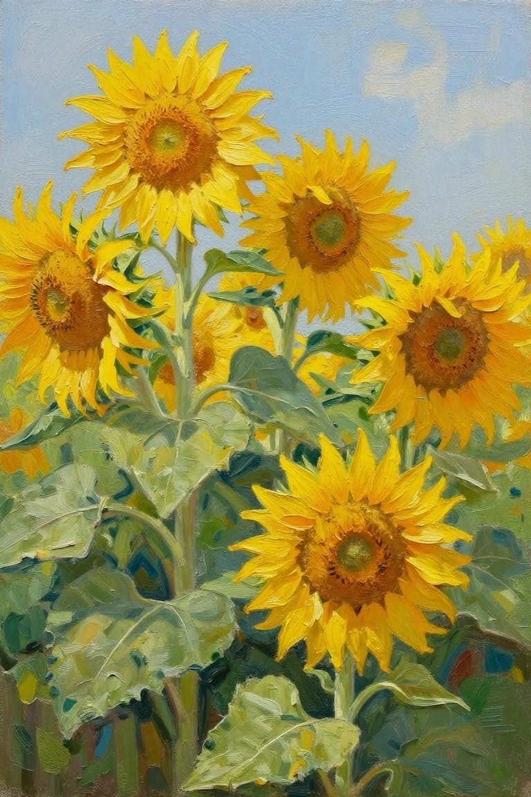 Vivid yellow sunflowers with green leaves blooming under a clear blue sky in oil painting