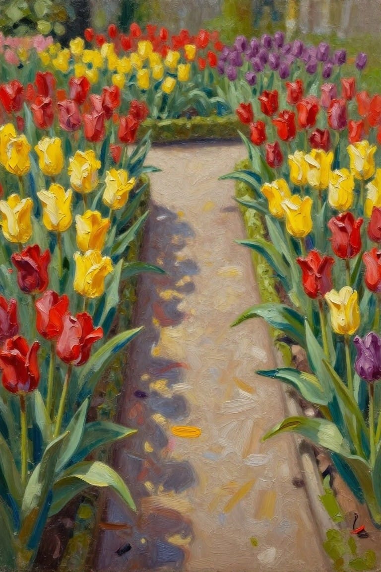 Vibrant tulips in red, yellow, and purple line a garden path in oil painting.