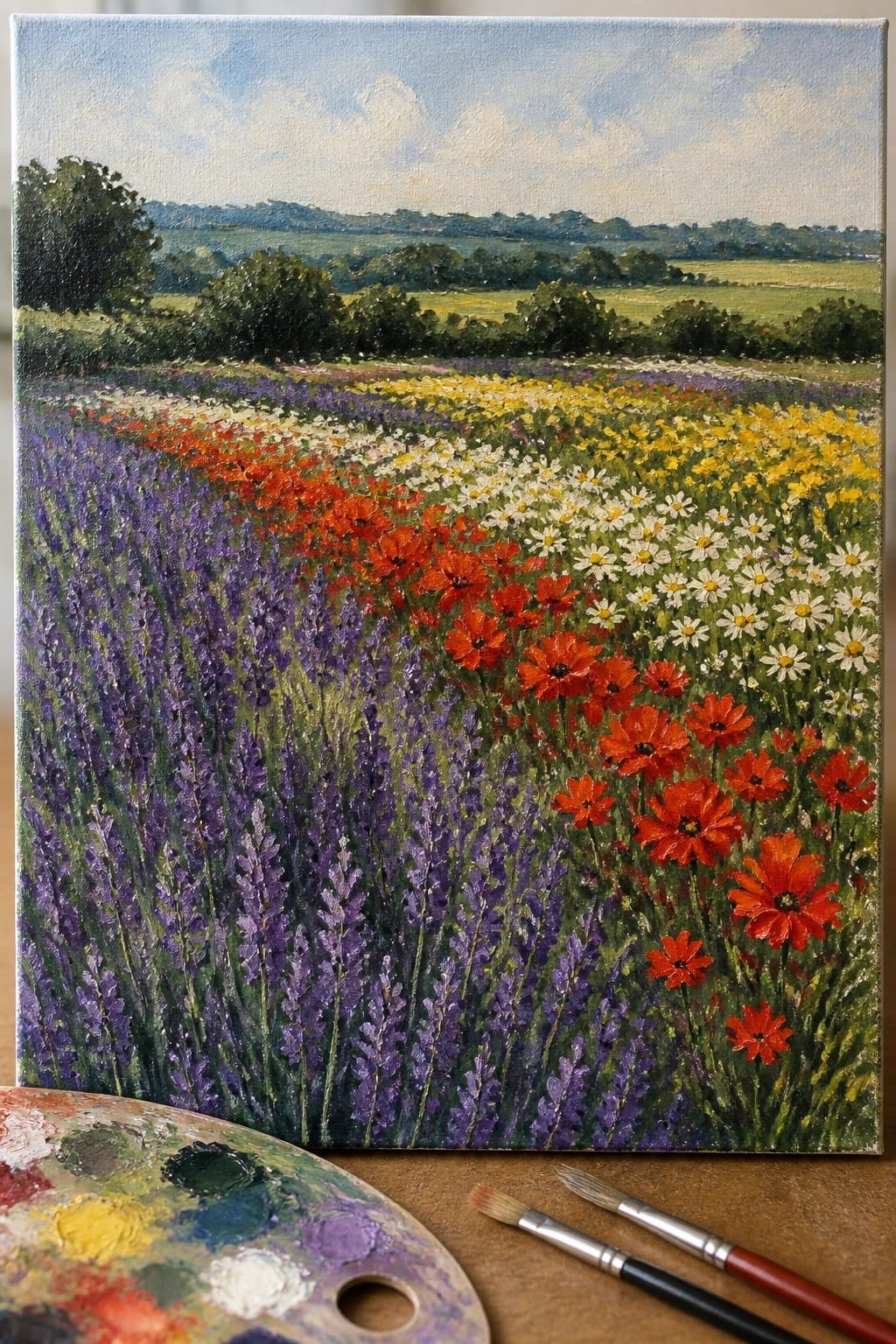 Vibrant wildflower meadow painting with palette and brushes in foreground