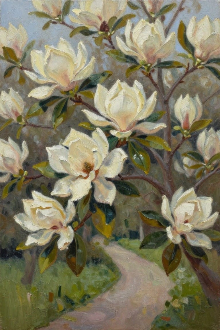 White magnolia blossoms on branches above a winding garden path in oil painting style.