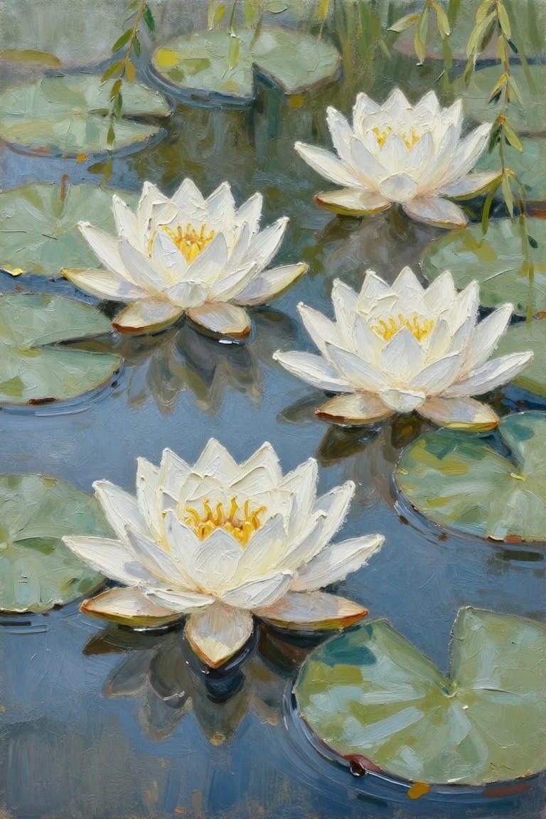 White water lilies with yellow centers float among green pads on blue water.