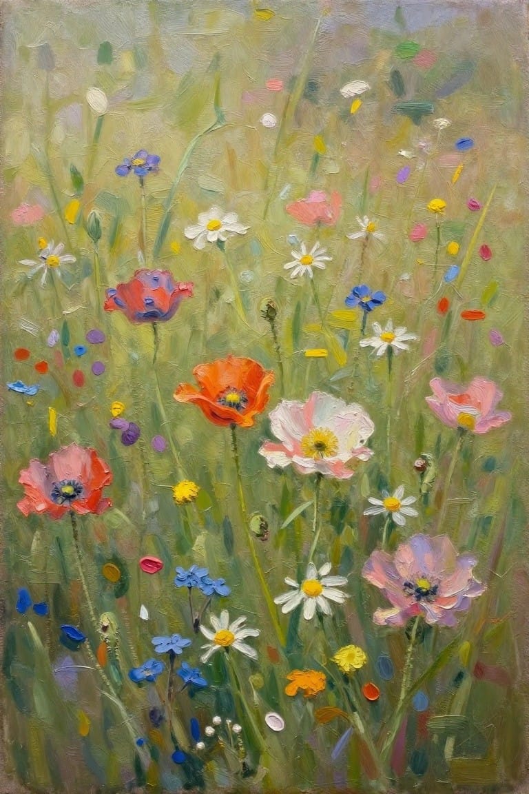 Oil painting of lush meadow with red poppies, white daisies, pink blooms in green grass