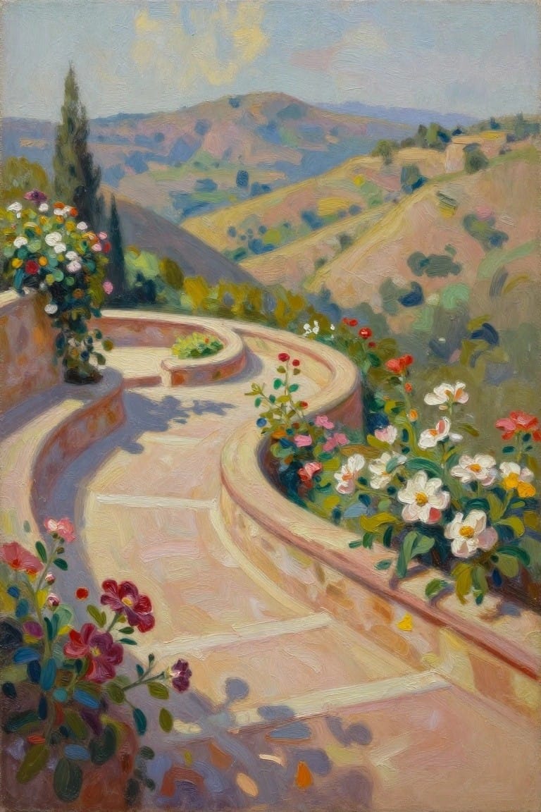Winding stone staircase lined with colorful flowers overlooking rolling hills